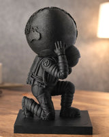 Sculpture Atlas noir mat d'un astronaute agenouillé portant une sphère, sur fond neutre