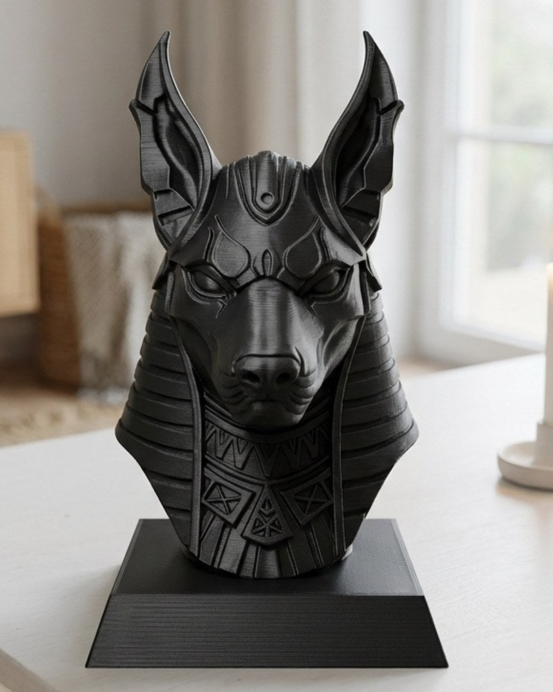 Buste d'Anubis noir mat à la géométrie nette et anguleuse, vu de face