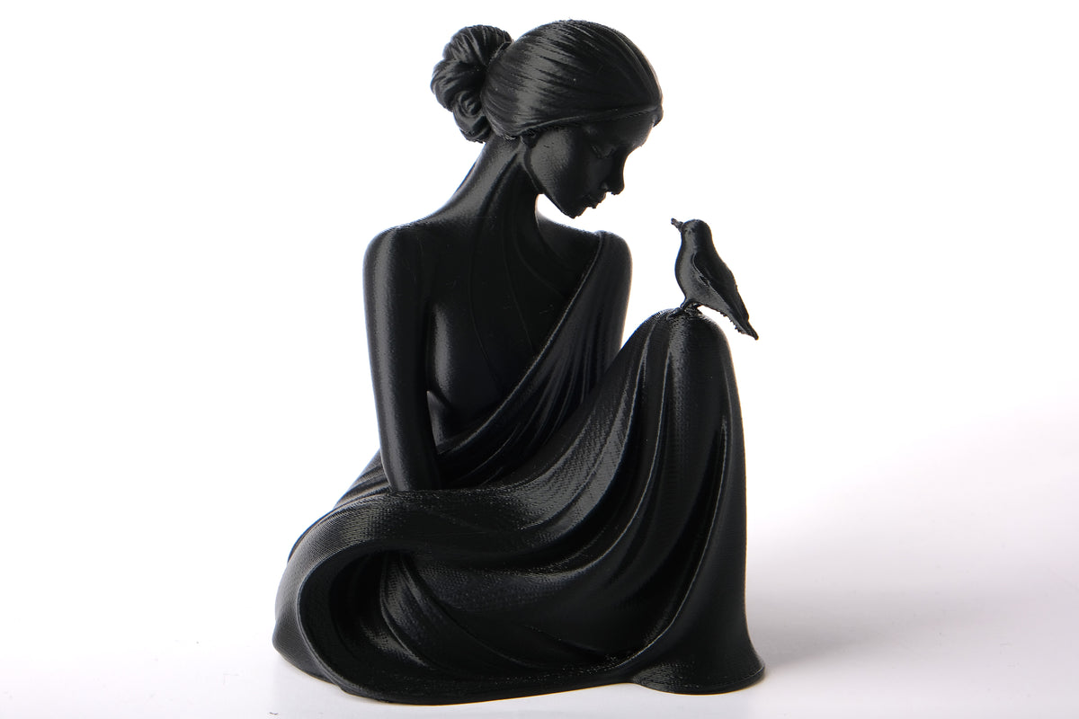 Sculpture de femme Bird Whisperer sur une étagère en bois avec plantes séchées