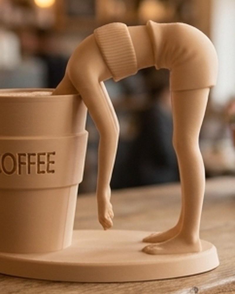 Sculpture Caffeine Dive – figurine noir mat plongeant dans une tasse de café géante