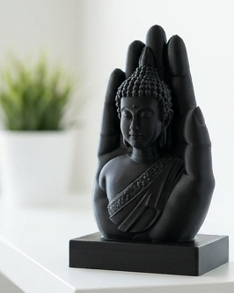 Sculpture de main de Bouddha noir mat sur une surface blanche, avec une figure sereine dans la paume ouverte