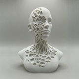 Fractured Elegance – sculpture humaine sur une étagère minimaliste aux tons doux