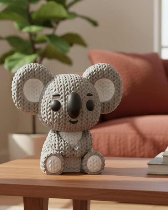 Gros plan d'une figurine de koala tricoté, aspect crocheté et mailles détaillées sur le visage et les oreilles