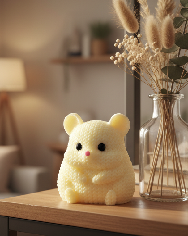 Gros plan d'un hamster tricoté, aspect crocheté, petits yeux ronds et nez