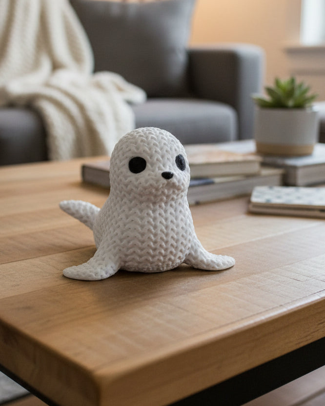 Gros plan d'une figurine décorative de phoque tricoté, aspect crocheté et petits yeux sombres