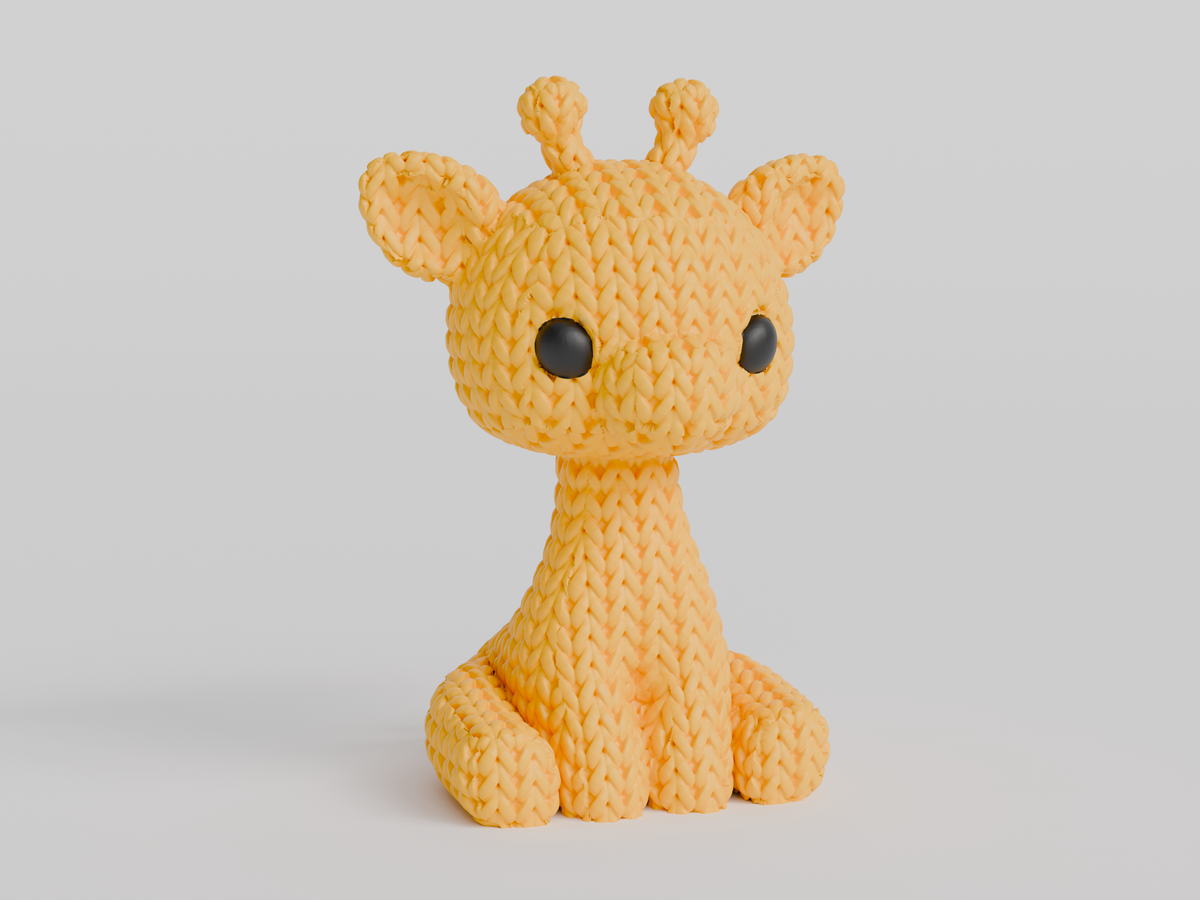 Gros plan d'une petite figurine de girafe tricotée à texture crochetée et yeux expressifs, env. 8 cm de haut
