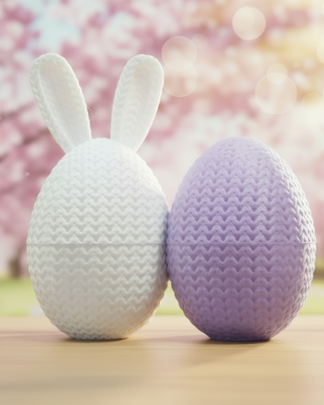 Gros plan de la texture tricotée d'une boîte en forme d'œuf de Pâques