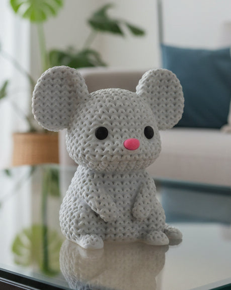 Gros plan d'une souris tricotée, aspect crocheté, petites oreilles rondes et queue recourbée