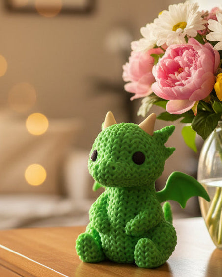 Gros plan d'une figurine de dragon tricoté à texture crochetée sur fond clair