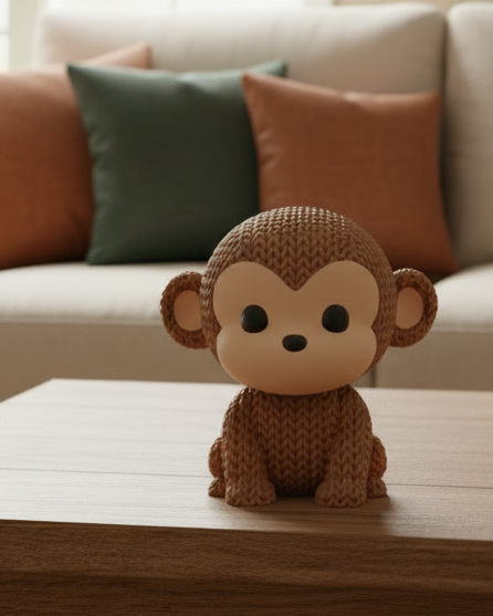 Gros plan d'une figurine de singe tricoté, aspect crocheté détaillé, sur surface claire