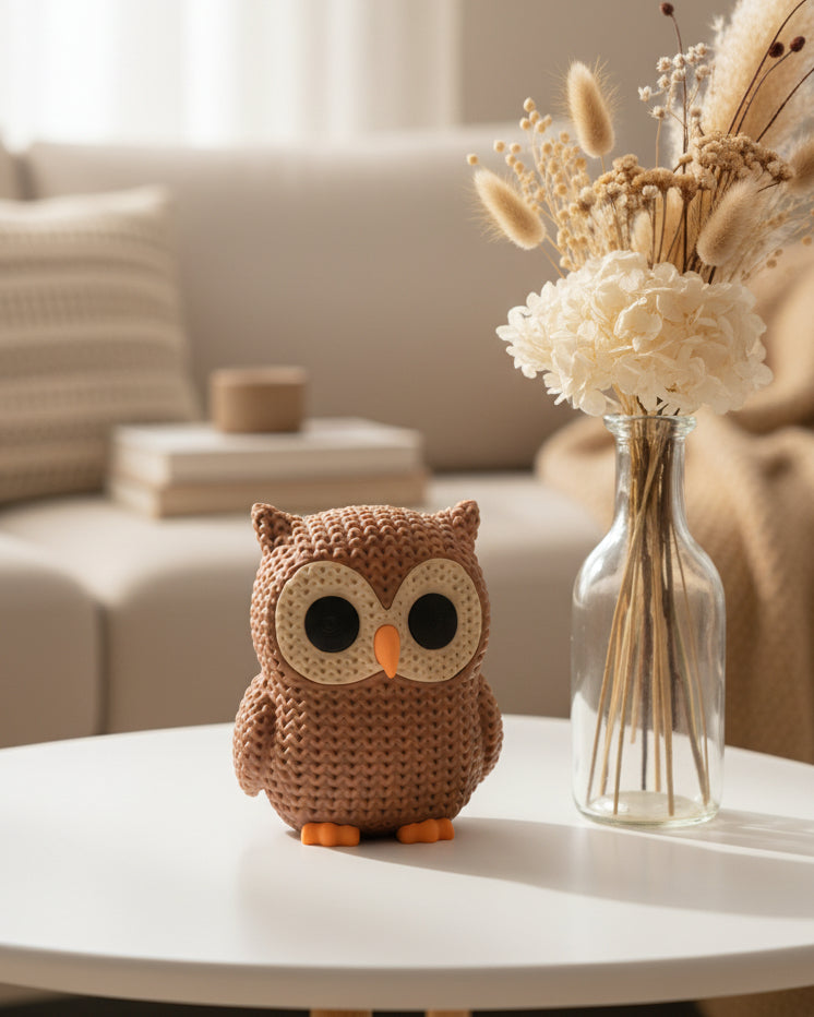 Gros plan d'un hibou tricoté terre cuite chaud, aspect crocheté