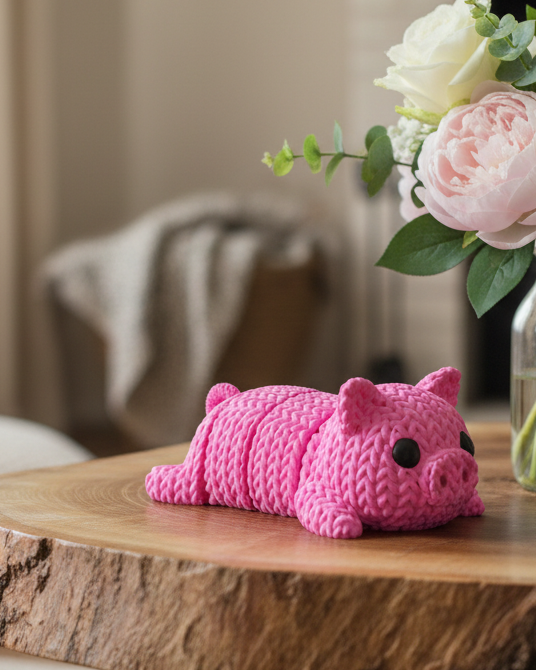Gros plan d'un porte-clés cochon tricoté à texture crochetée et petits yeux noirs