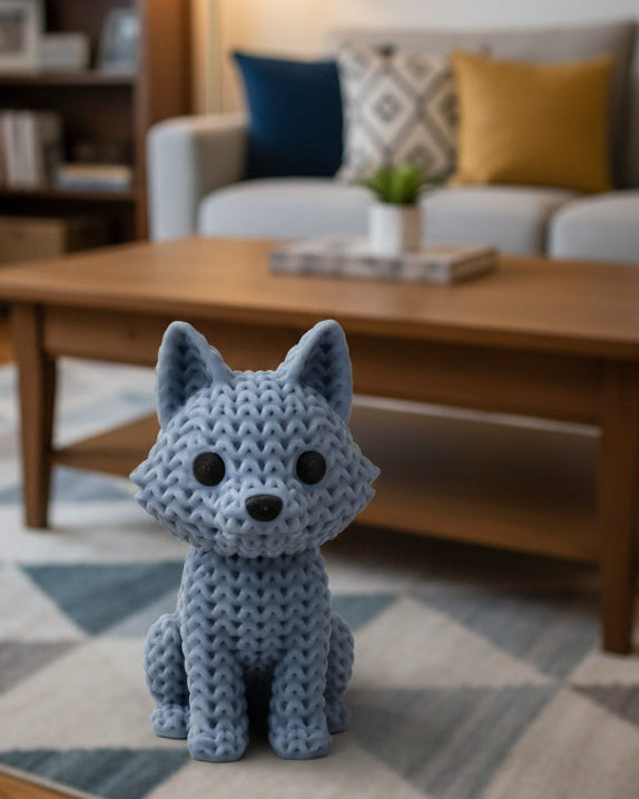 Gros plan d'une figurine de loup tricoté gris chaud à texture crochetée, env. 10 cm de haut