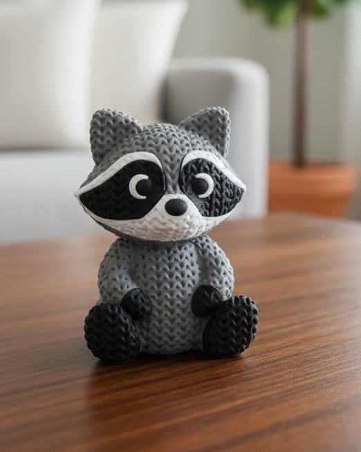 Gros plan d'une figurine de raton laveur tricoté, aspect crocheté détaillé, sur fond blanc