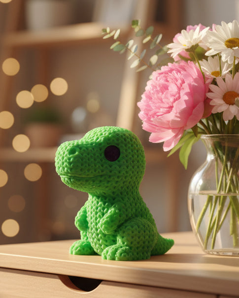 T-Rex tricoté sur une étagère en bois près de livres et d'une petite plante dans un intérieur scandinave paisible