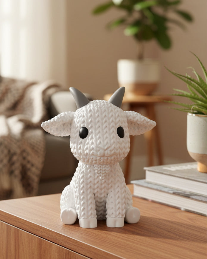 Gros plan d'une chèvre tricotée, aspect crocheté, sur surface blanche