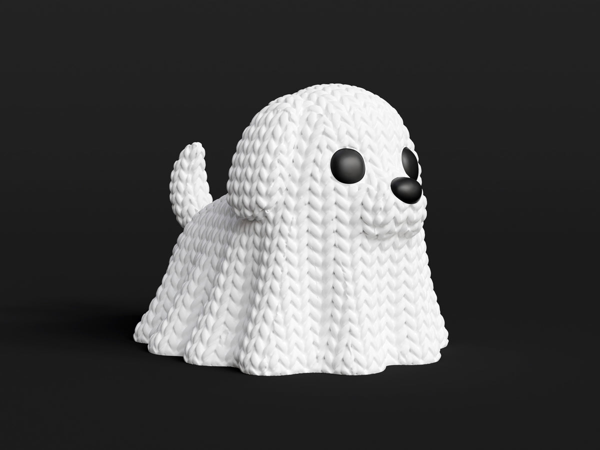 Détail de texture du chien fantôme façon tricot au motif de boucles crochetées