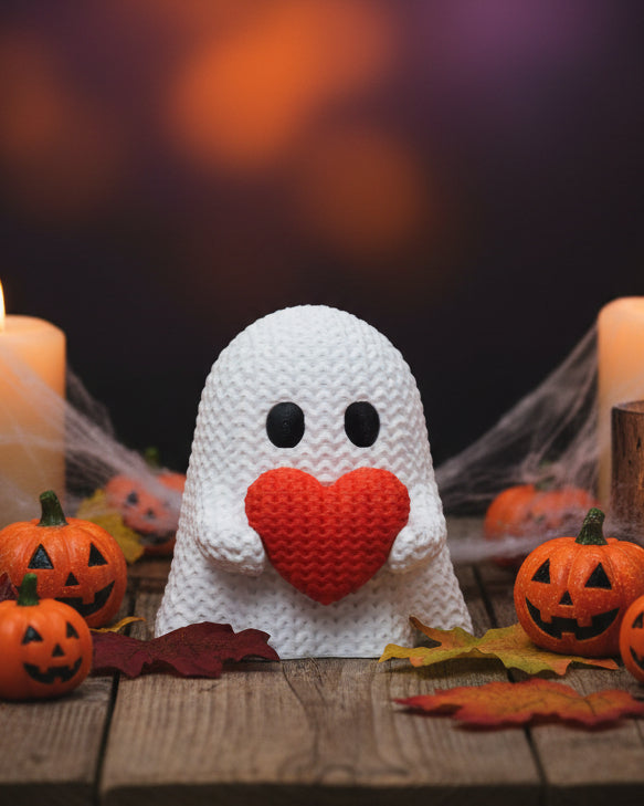 Gros plan d'un fantôme tricoté avec cœur, blanc et rouge, douce texture crochetée
