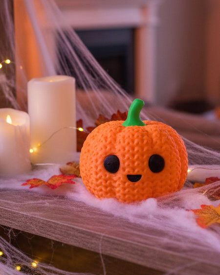Gros plan d'une décoration citrouille crochetée à texture tricotée côtelée et petite tige