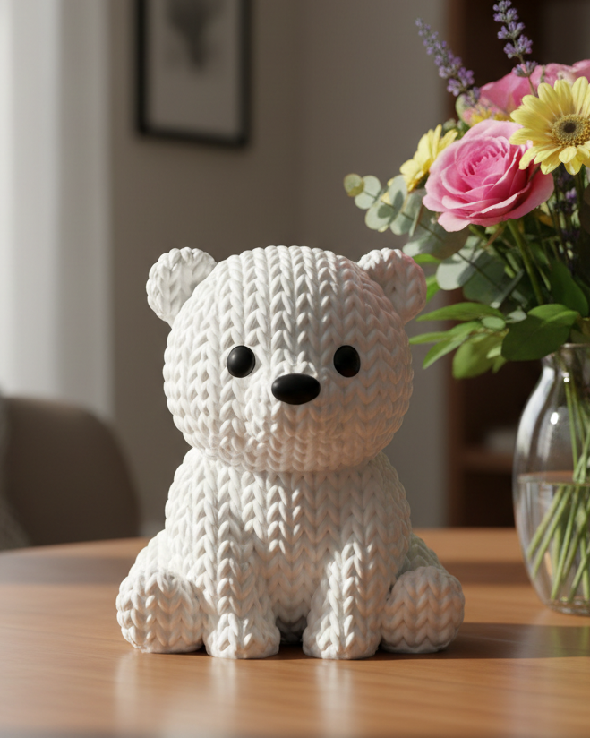 Gros plan d'un petit ours polaire tricoté blanc à la douce texture tissée – décoration pour la maison
