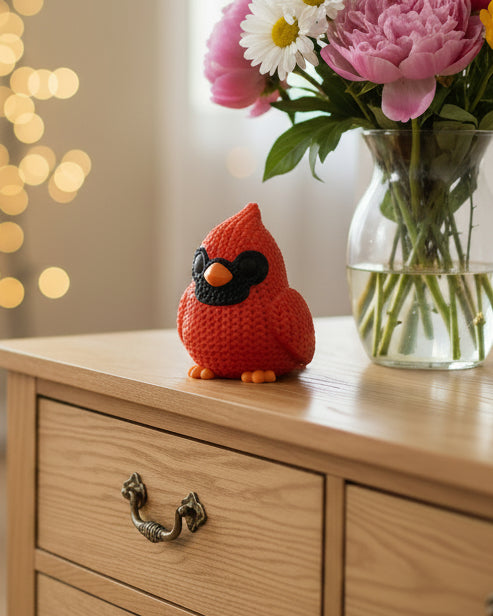 Gros plan d'un cardinal tricoté à texture crochetée rouge et marques faciales sombres