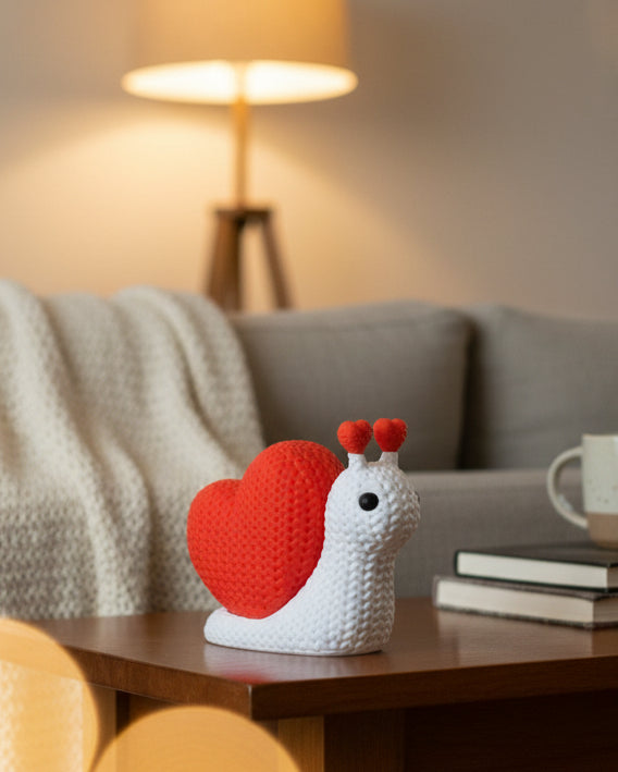 Gros plan d'un escargot tricoté à coquille crochetée avec détail en cœur