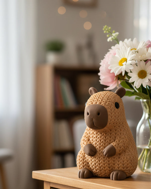 Gros plan d'une figurine de capybara tricoté dans des tons bruns chauds, texture crochetée