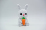 Lapin tricoté avec carotte sur une étagère en bois avec verdure de Pâques