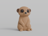 Gros plan d'une figurine de suricate tricoté à texture crochetée, debout sur fond blanc